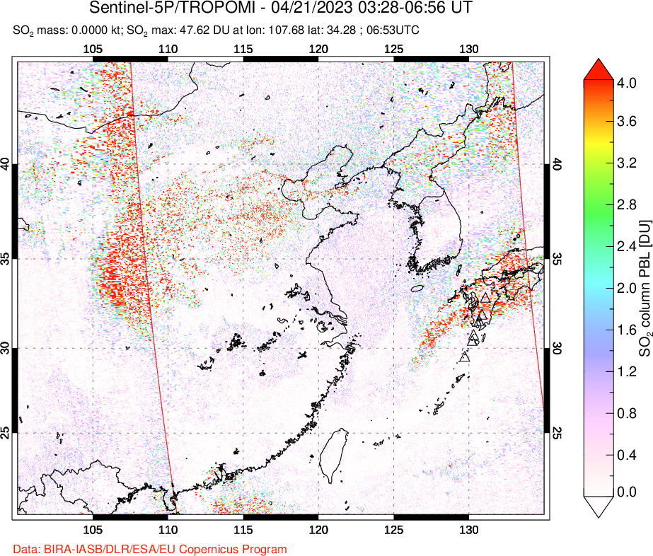 A sulfur dioxide image over Eastern China on Apr 21, 2023.