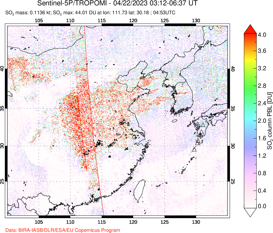 A sulfur dioxide image over Eastern China on Apr 22, 2023.