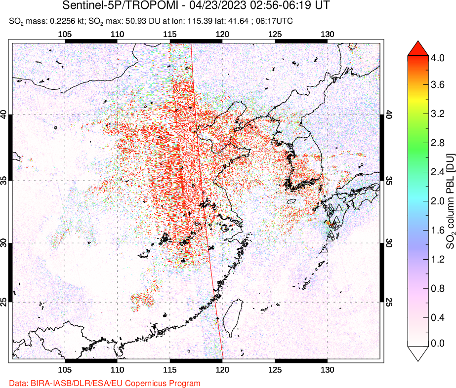 A sulfur dioxide image over Eastern China on Apr 23, 2023.