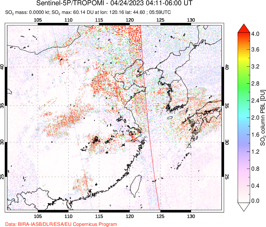A sulfur dioxide image over Eastern China on Apr 24, 2023.