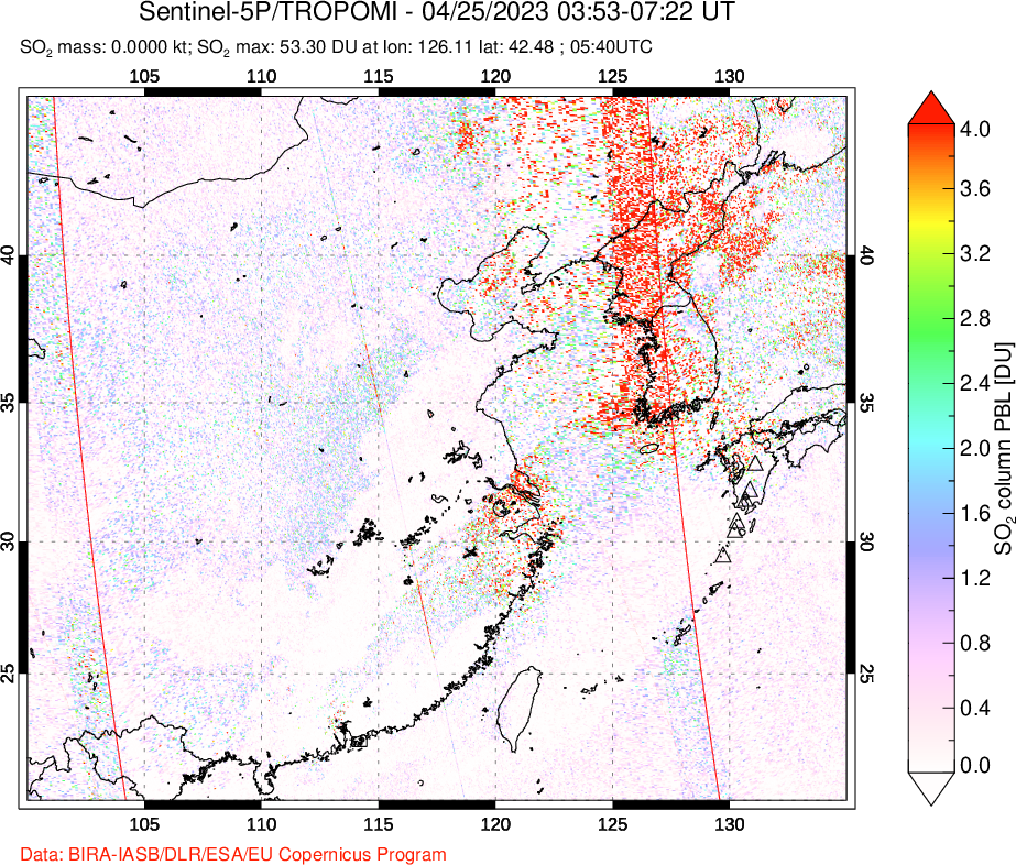 A sulfur dioxide image over Eastern China on Apr 25, 2023.