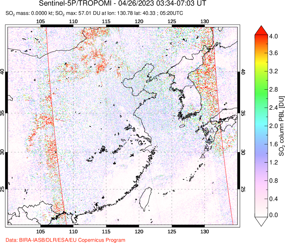 A sulfur dioxide image over Eastern China on Apr 26, 2023.
