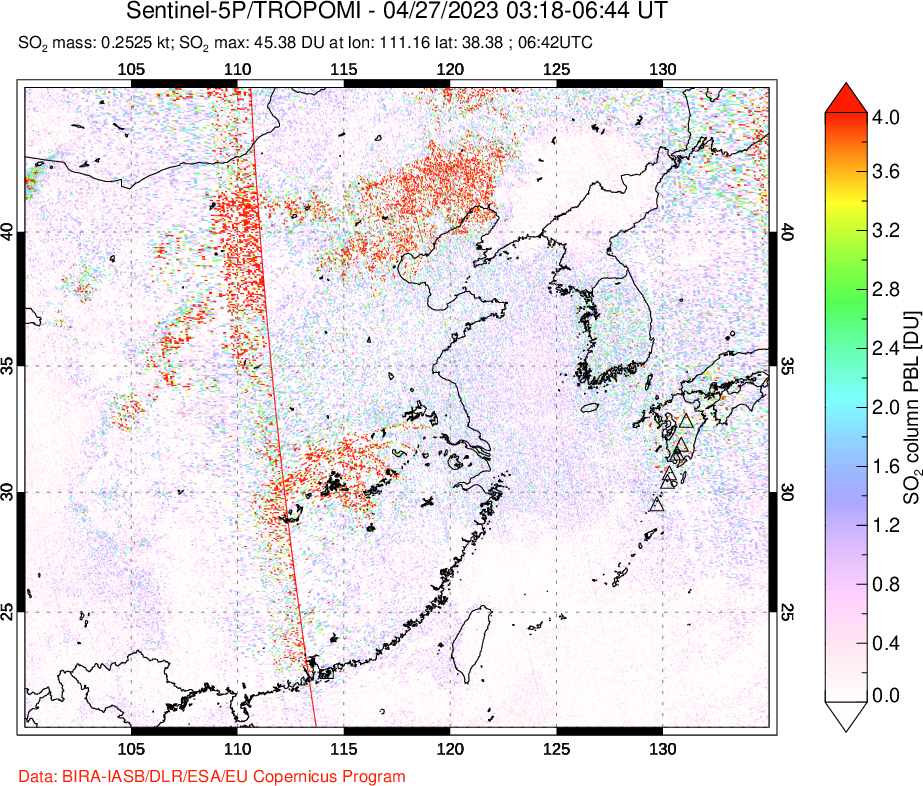 A sulfur dioxide image over Eastern China on Apr 27, 2023.