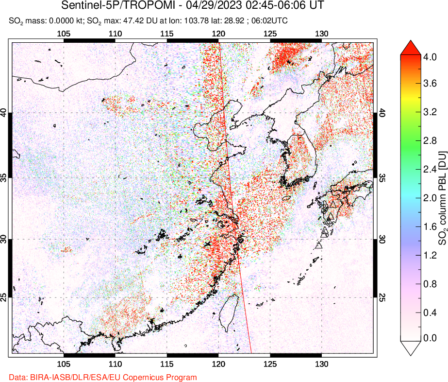 A sulfur dioxide image over Eastern China on Apr 29, 2023.