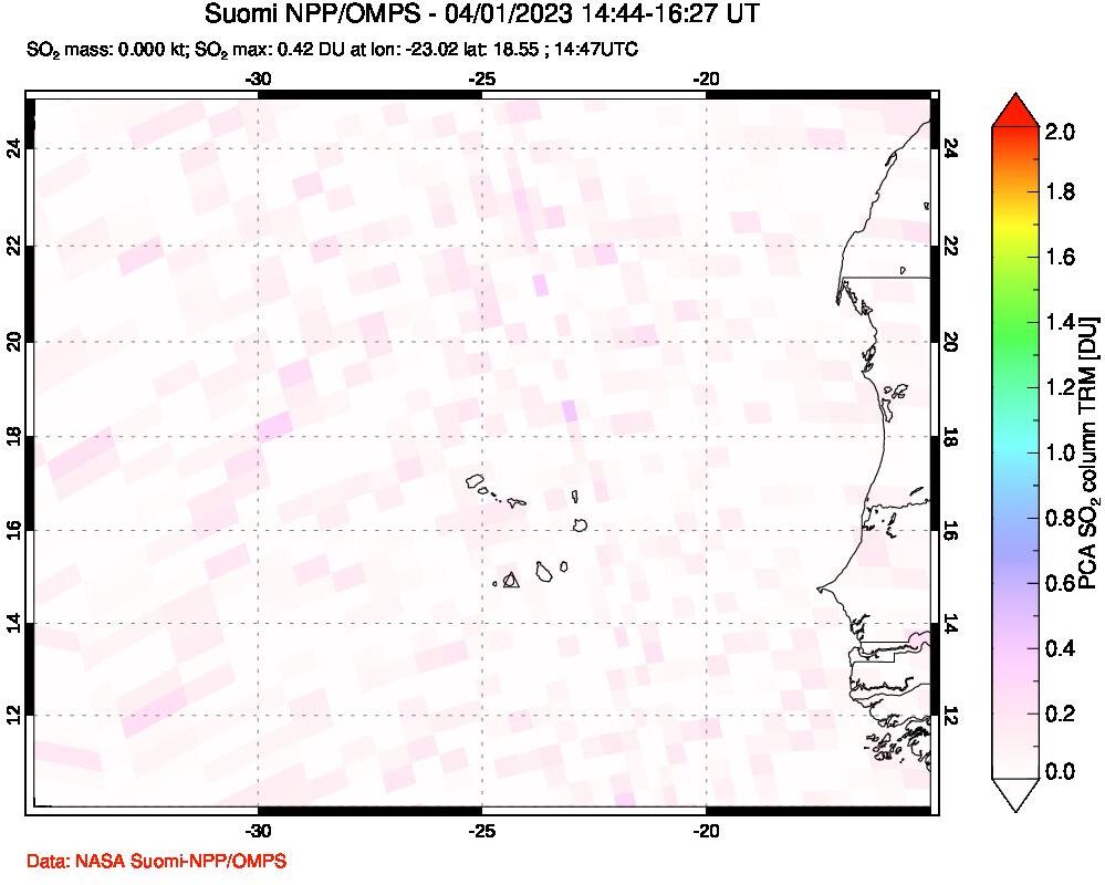 A sulfur dioxide image over Cape Verde Islands on Apr 01, 2023.