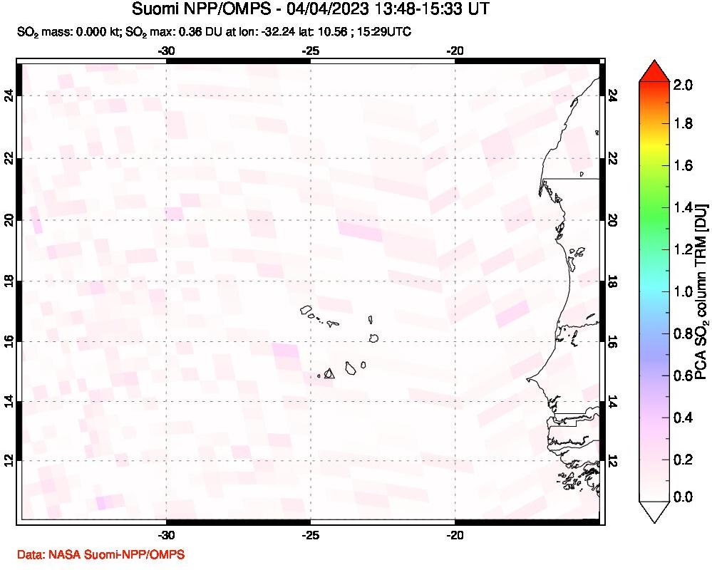 A sulfur dioxide image over Cape Verde Islands on Apr 04, 2023.