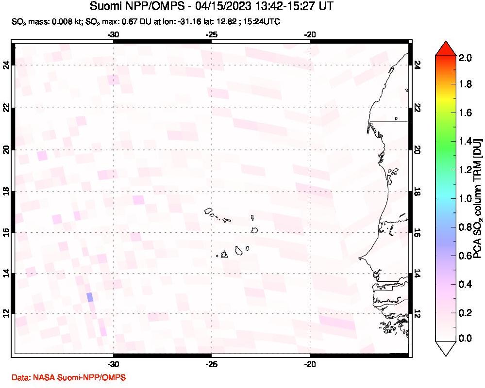 A sulfur dioxide image over Cape Verde Islands on Apr 15, 2023.