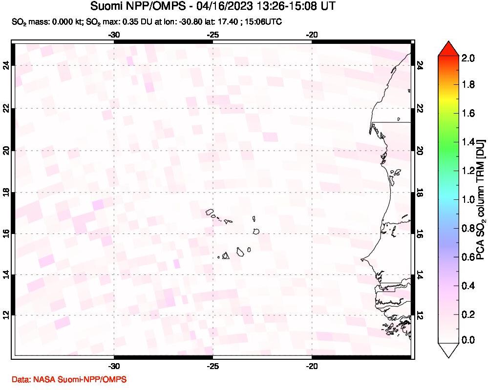 A sulfur dioxide image over Cape Verde Islands on Apr 16, 2023.