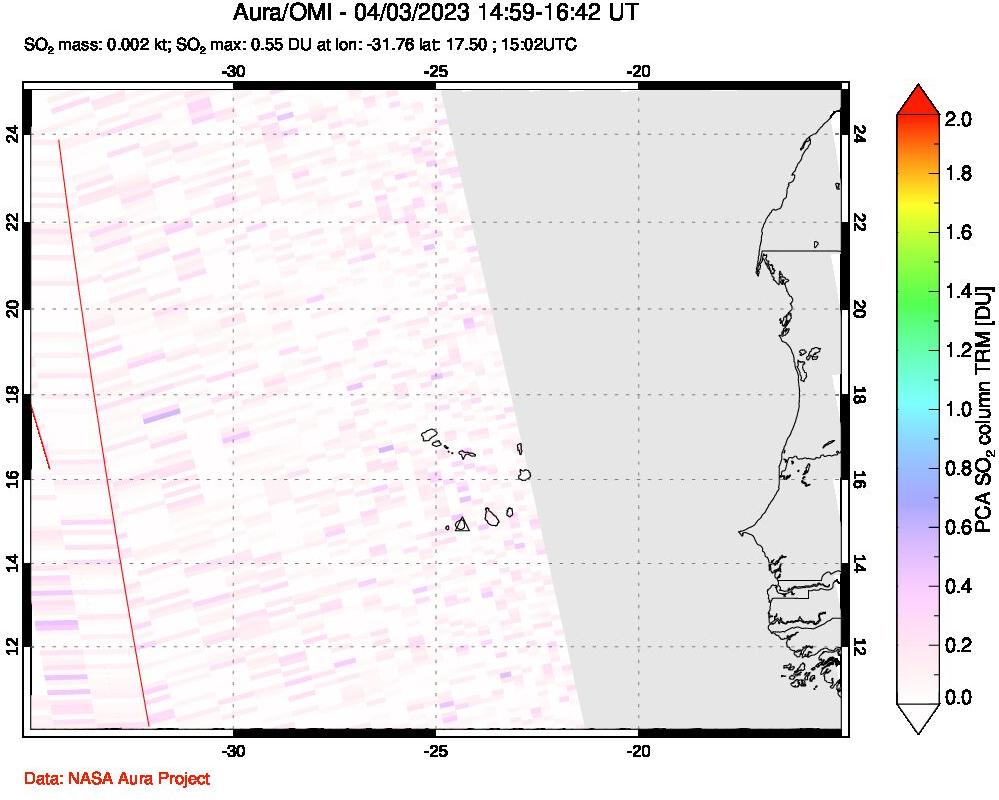 A sulfur dioxide image over Cape Verde Islands on Apr 03, 2023.