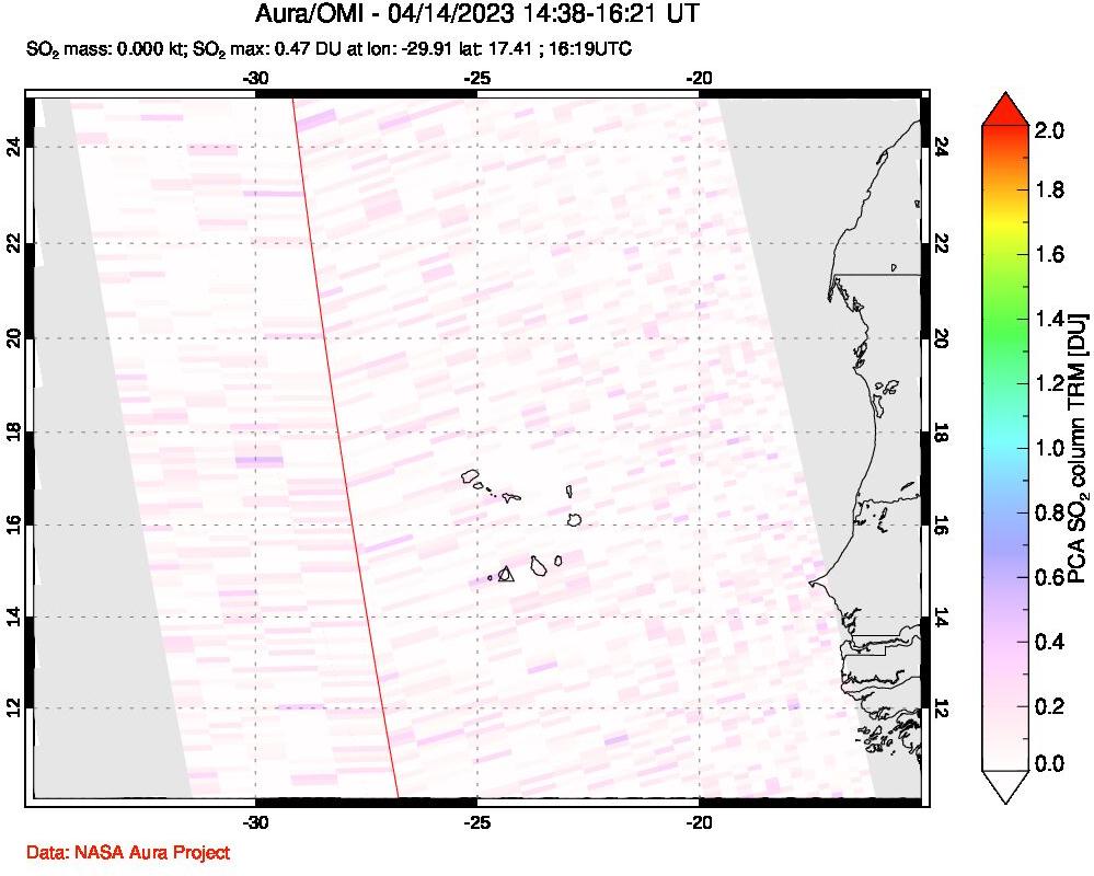 A sulfur dioxide image over Cape Verde Islands on Apr 14, 2023.