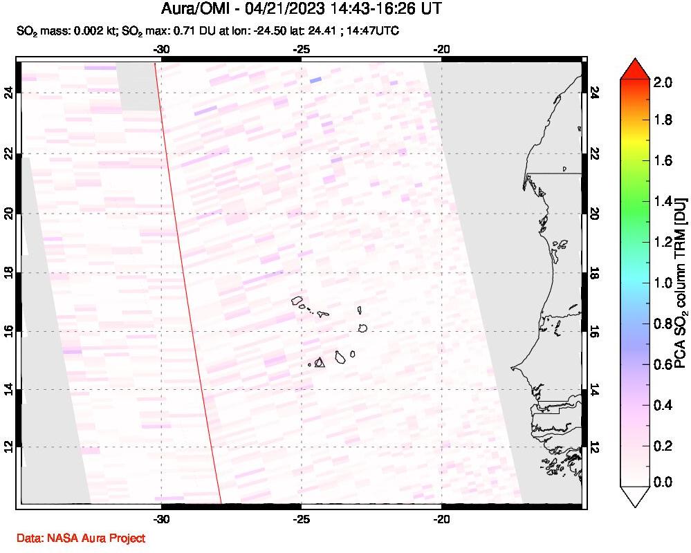 A sulfur dioxide image over Cape Verde Islands on Apr 21, 2023.