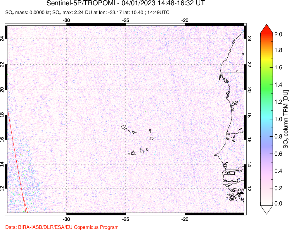 A sulfur dioxide image over Cape Verde Islands on Apr 01, 2023.