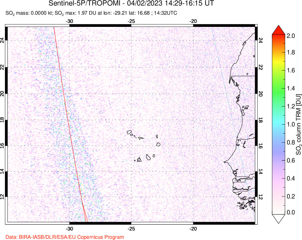 A sulfur dioxide image over Cape Verde Islands on Apr 02, 2023.