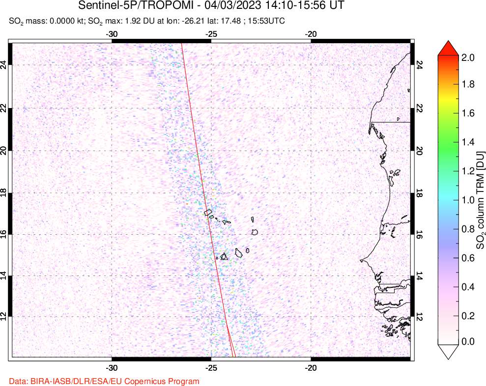 A sulfur dioxide image over Cape Verde Islands on Apr 03, 2023.