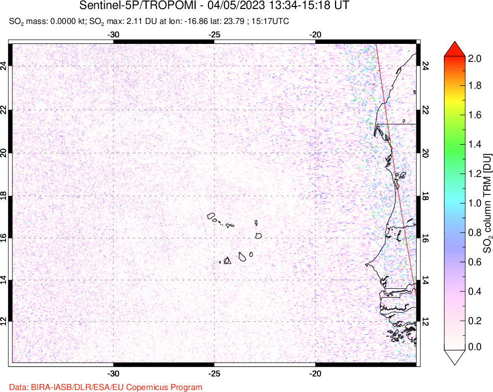 A sulfur dioxide image over Cape Verde Islands on Apr 05, 2023.