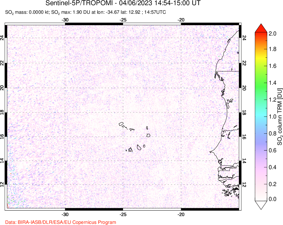 A sulfur dioxide image over Cape Verde Islands on Apr 06, 2023.