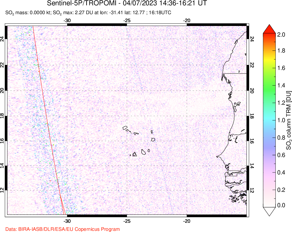 A sulfur dioxide image over Cape Verde Islands on Apr 07, 2023.