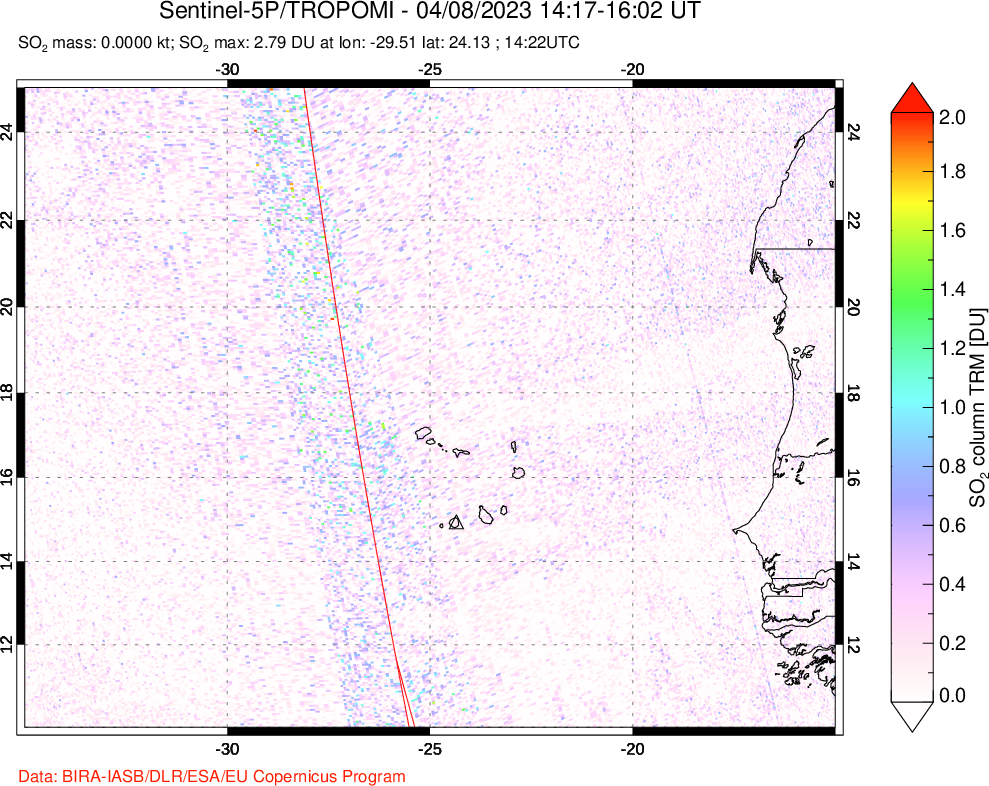 A sulfur dioxide image over Cape Verde Islands on Apr 08, 2023.