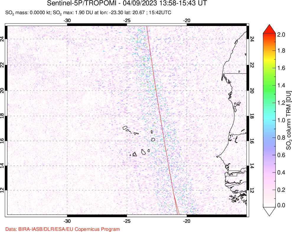 A sulfur dioxide image over Cape Verde Islands on Apr 09, 2023.