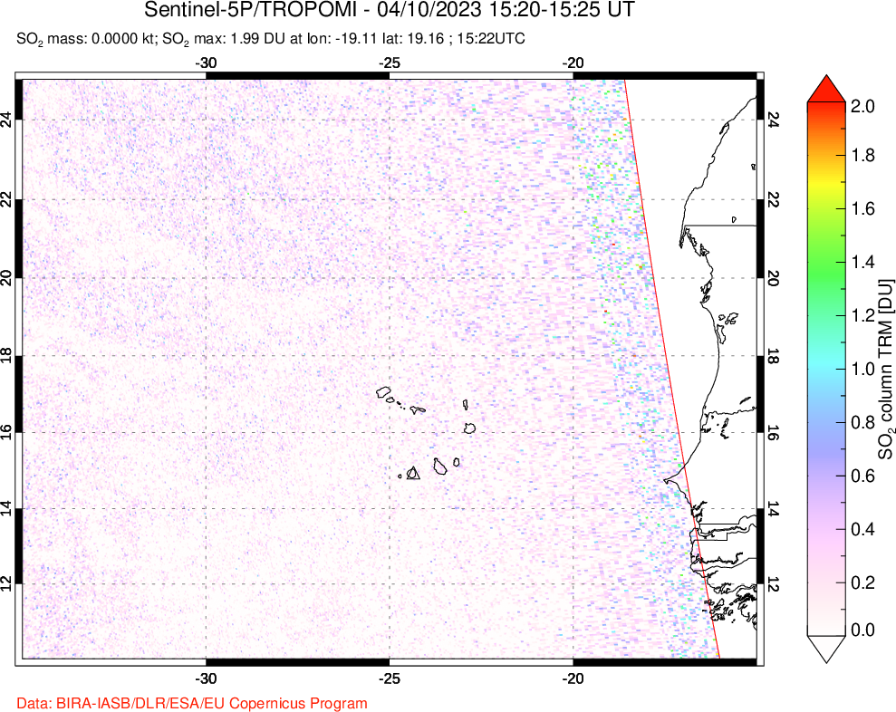A sulfur dioxide image over Cape Verde Islands on Apr 10, 2023.