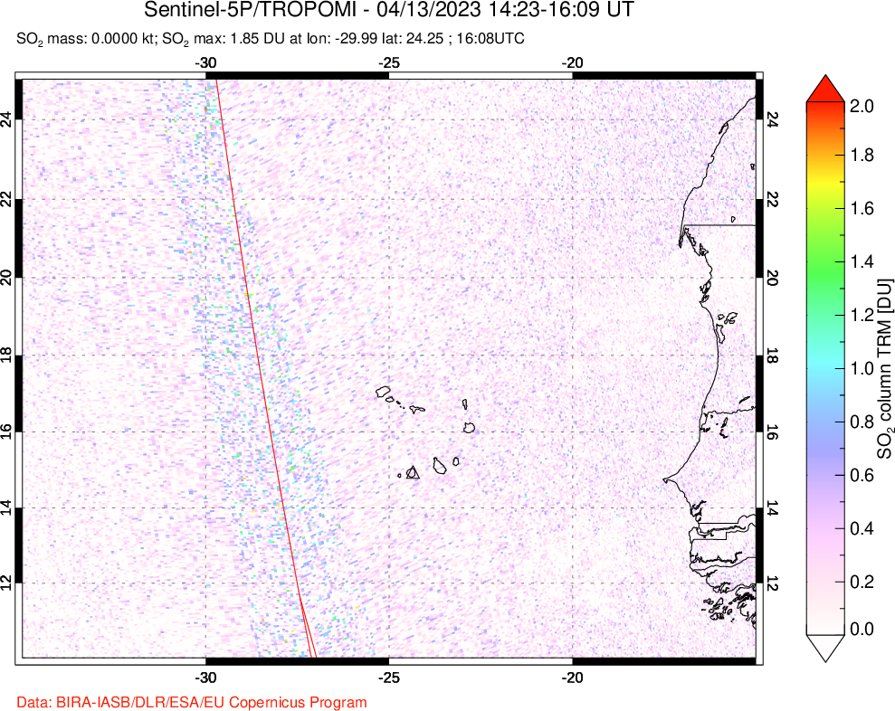 A sulfur dioxide image over Cape Verde Islands on Apr 13, 2023.