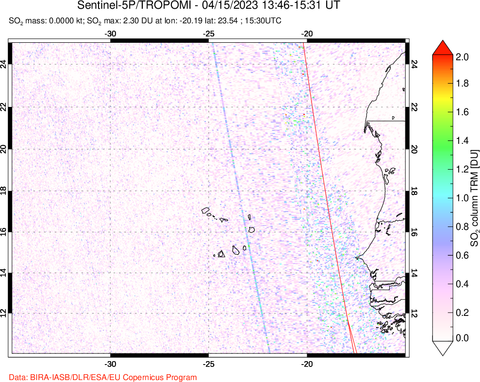 A sulfur dioxide image over Cape Verde Islands on Apr 15, 2023.