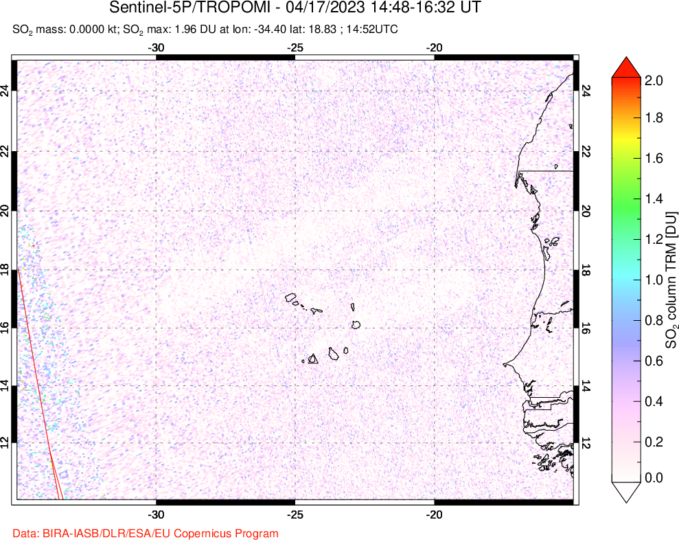 A sulfur dioxide image over Cape Verde Islands on Apr 17, 2023.