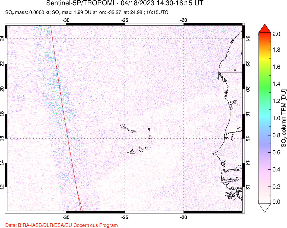 A sulfur dioxide image over Cape Verde Islands on Apr 18, 2023.