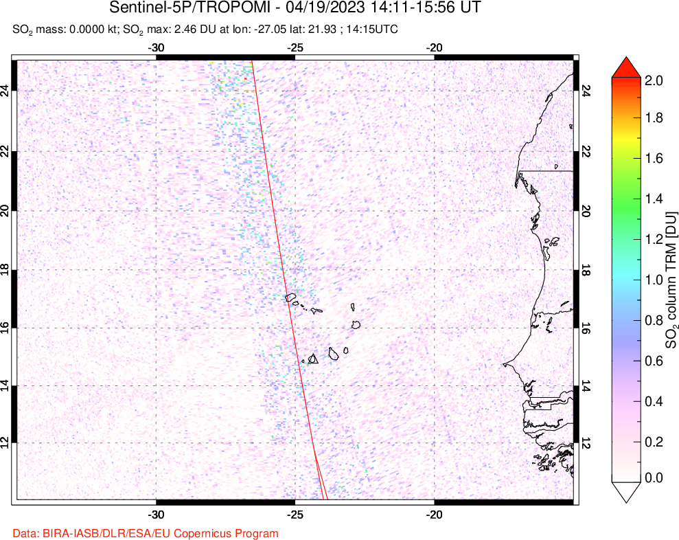 A sulfur dioxide image over Cape Verde Islands on Apr 19, 2023.