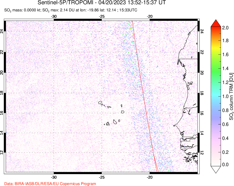 A sulfur dioxide image over Cape Verde Islands on Apr 20, 2023.