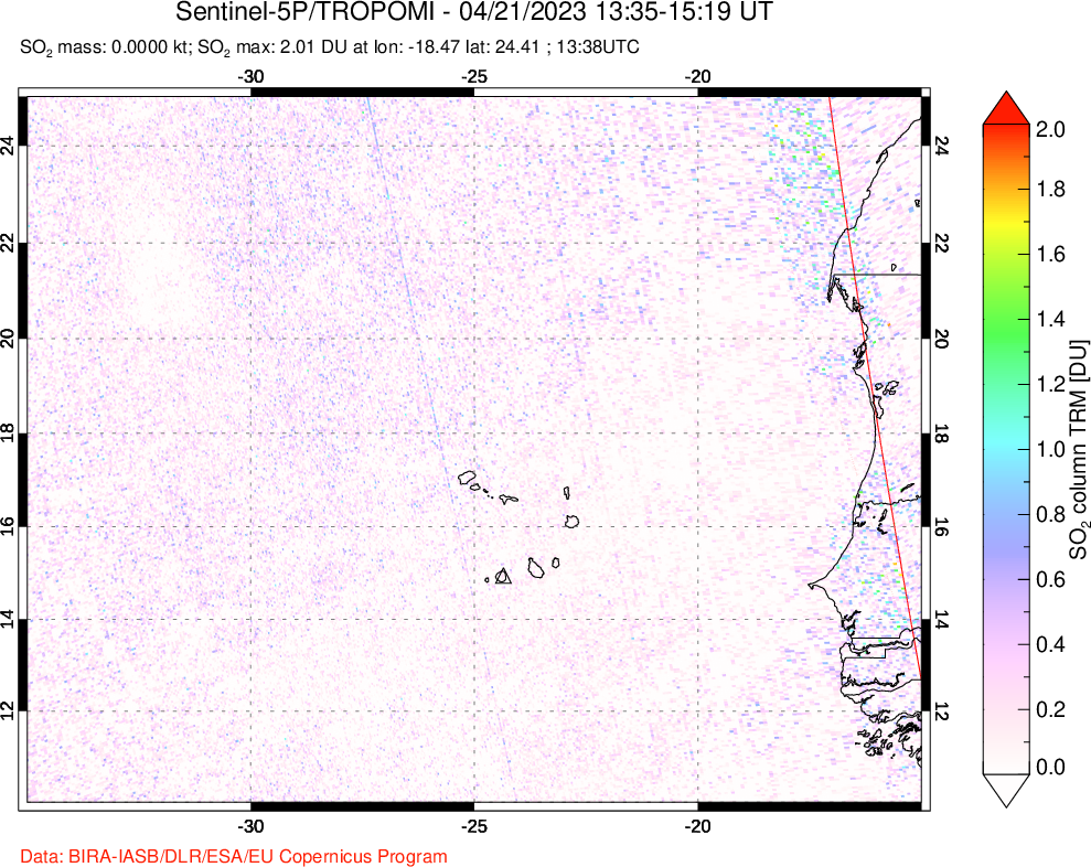 A sulfur dioxide image over Cape Verde Islands on Apr 21, 2023.