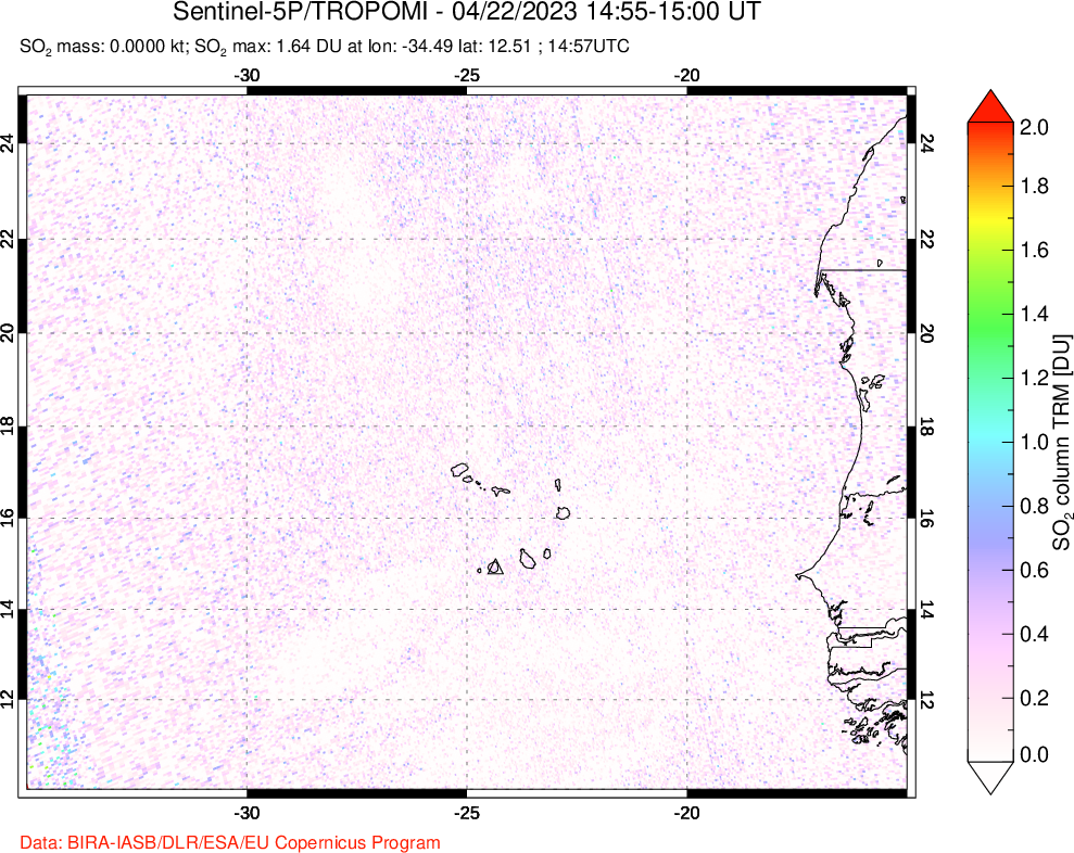 A sulfur dioxide image over Cape Verde Islands on Apr 22, 2023.
