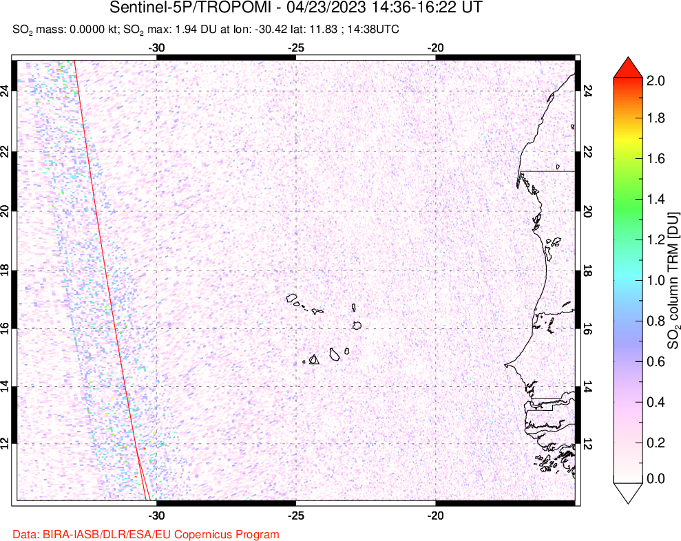 A sulfur dioxide image over Cape Verde Islands on Apr 23, 2023.