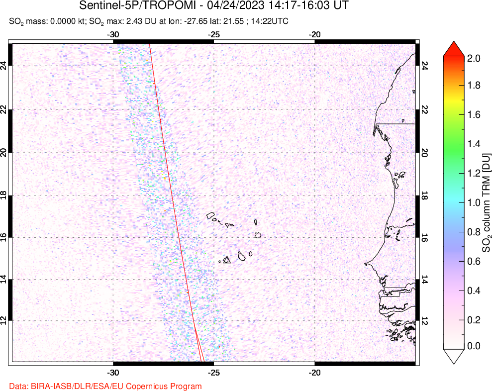 A sulfur dioxide image over Cape Verde Islands on Apr 24, 2023.