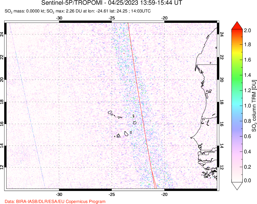 A sulfur dioxide image over Cape Verde Islands on Apr 25, 2023.