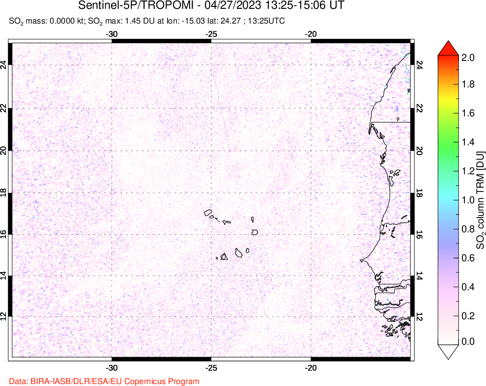 A sulfur dioxide image over Cape Verde Islands on Apr 27, 2023.