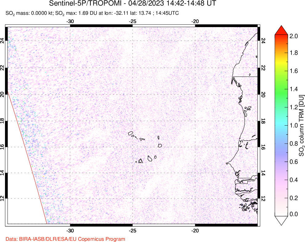 A sulfur dioxide image over Cape Verde Islands on Apr 28, 2023.