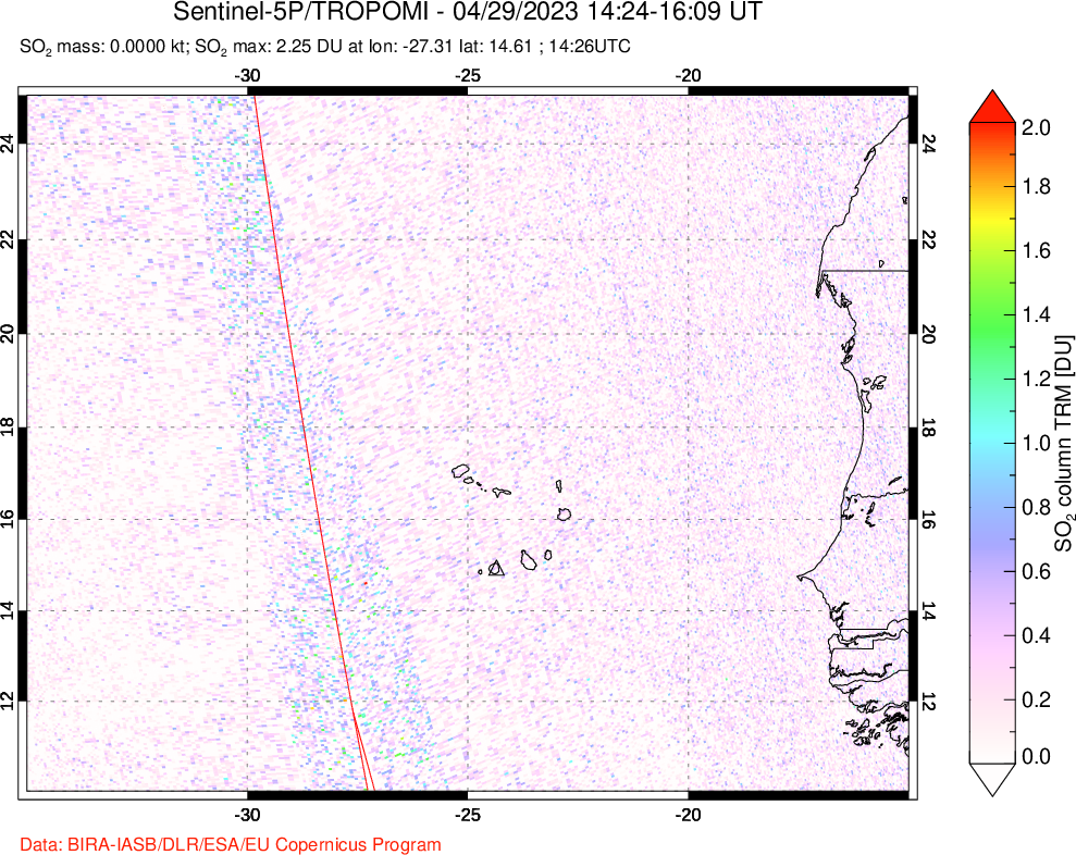A sulfur dioxide image over Cape Verde Islands on Apr 29, 2023.