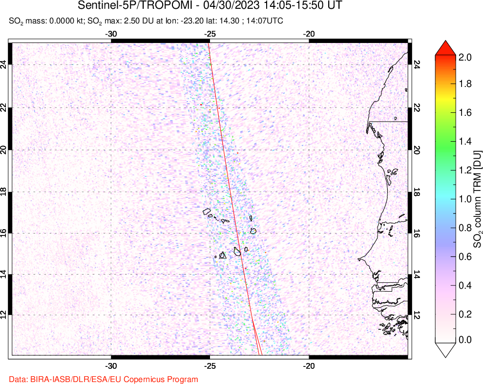 A sulfur dioxide image over Cape Verde Islands on Apr 30, 2023.
