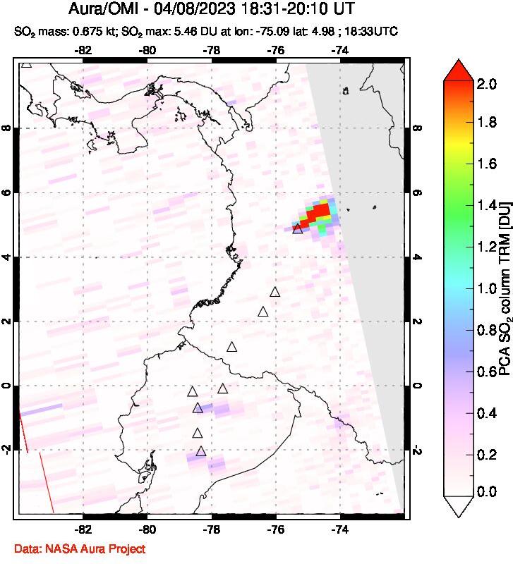 A sulfur dioxide image over Ecuador on Apr 08, 2023.