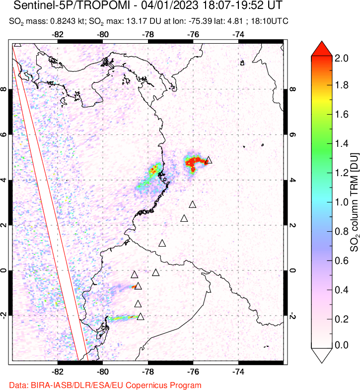 A sulfur dioxide image over Ecuador on Apr 01, 2023.