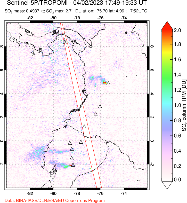 A sulfur dioxide image over Ecuador on Apr 02, 2023.