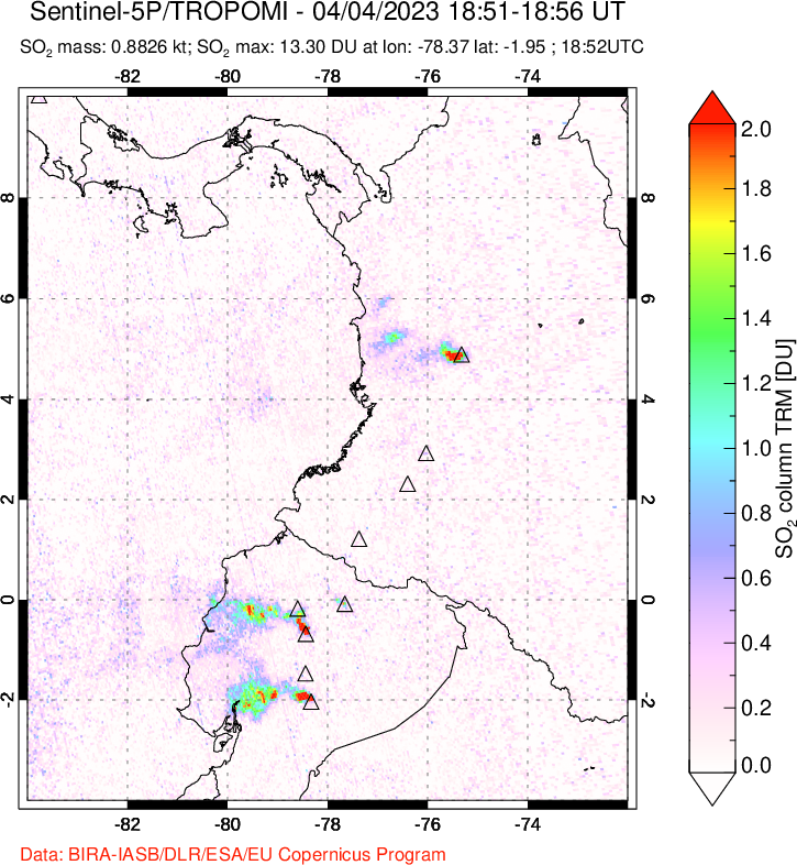 A sulfur dioxide image over Ecuador on Apr 04, 2023.