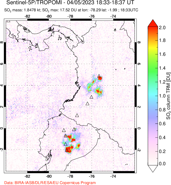 A sulfur dioxide image over Ecuador on Apr 05, 2023.