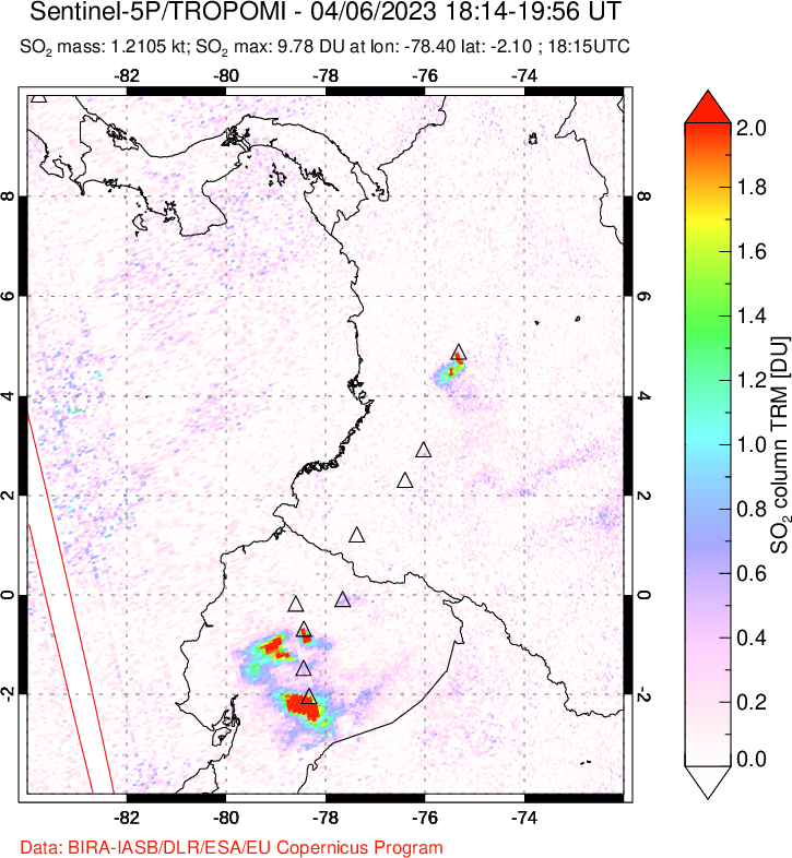 A sulfur dioxide image over Ecuador on Apr 06, 2023.