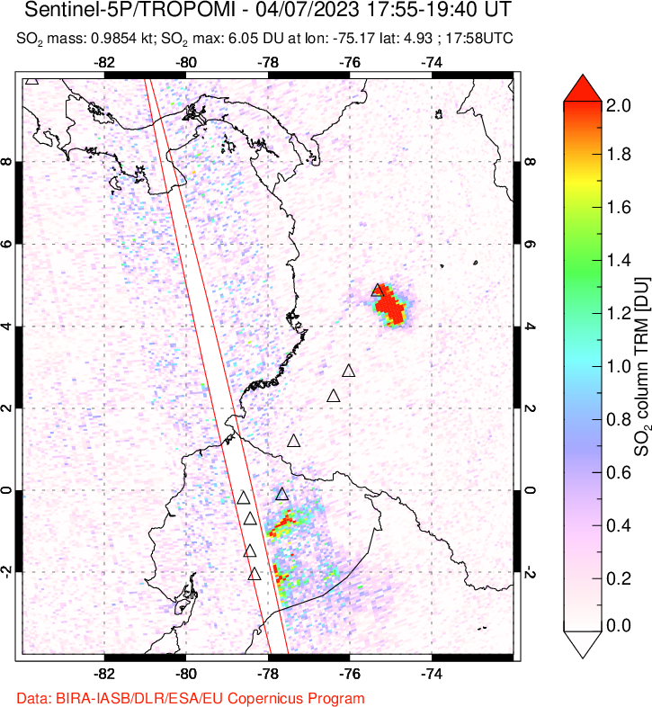 A sulfur dioxide image over Ecuador on Apr 07, 2023.