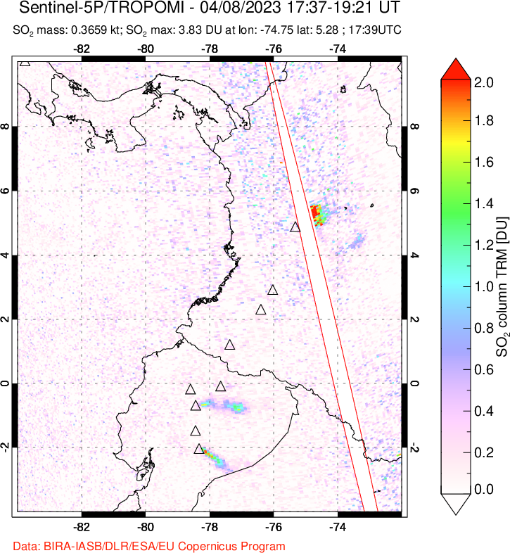A sulfur dioxide image over Ecuador on Apr 08, 2023.