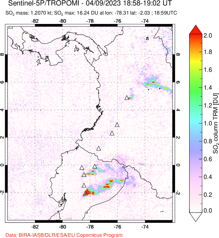 A sulfur dioxide image over Ecuador on Apr 09, 2023.