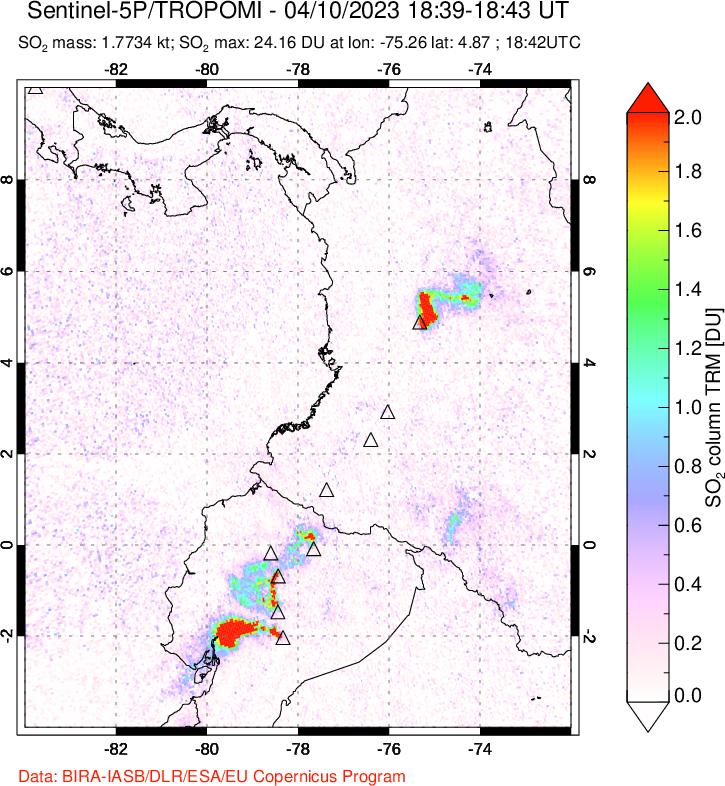 A sulfur dioxide image over Ecuador on Apr 10, 2023.