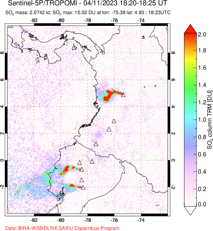 A sulfur dioxide image over Ecuador on Apr 11, 2023.